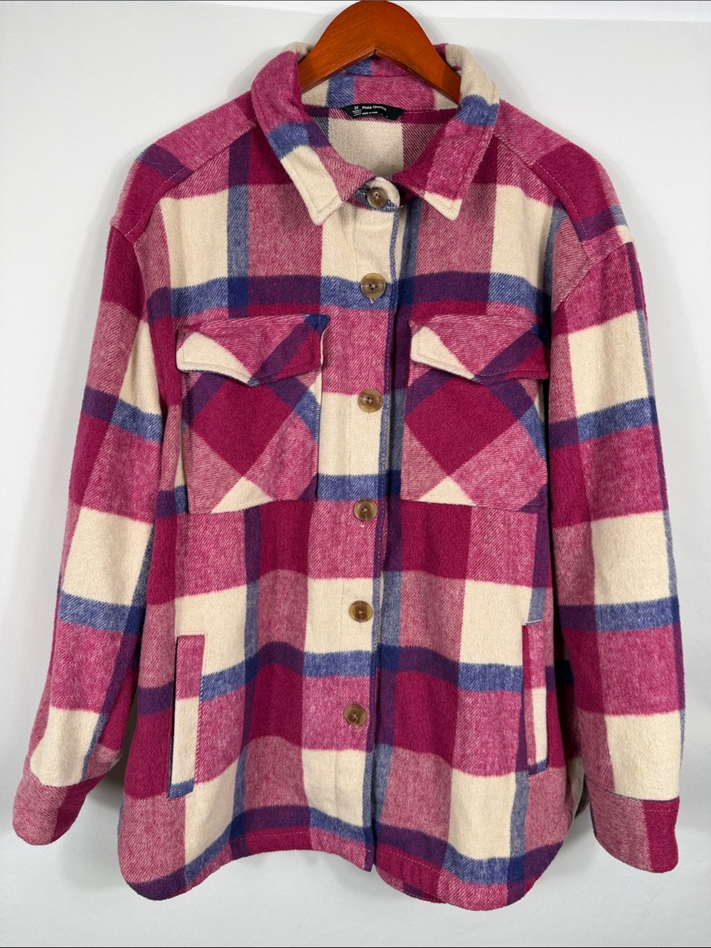 Plaid Pink & Cream Shacket Blue Accents. Shirt Jacket. Womens Size XL Tall. Fall